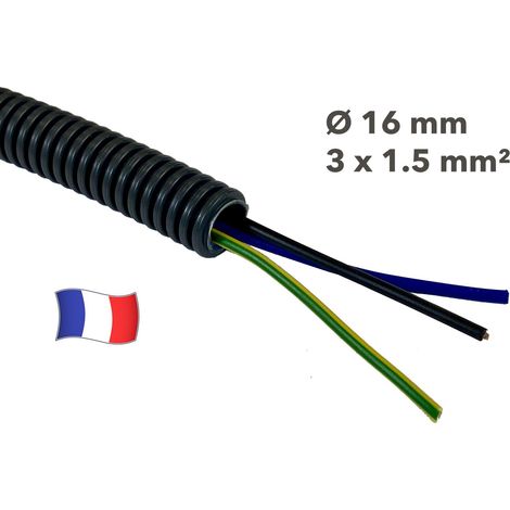 Gaine électrique préfilée 40 mètres diam 16 avec 3 fils Bleu, Vert/Jaune, Noir 1.5 mm² - PREFA ELEC (1/2)