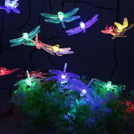 48m solar-powered multicolor outdoor string lights with 20 dragonfly-shaped LEDs, waterproof.