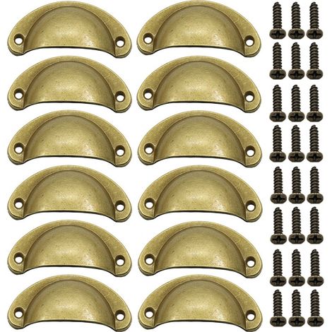Lot de 12 poignées de porte rétro en laiton, poignées coquille pour tiroirs et portes de placards de cuisine.