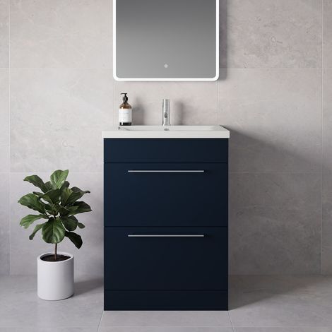 Napoli 460 Deep Blue 600mm 2 Drawer Vanity Unit with Glide Basin - 600mm - Chrome 320mm Handle