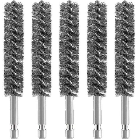 [NEVER USED] Pack of 5 stainless steel drill brushes, wire brush for drill cleaning, wire brush, stainless steel brush with hexagonal shaft handle, for metal and stone, wire brush for drills, pipe bru (1/4)