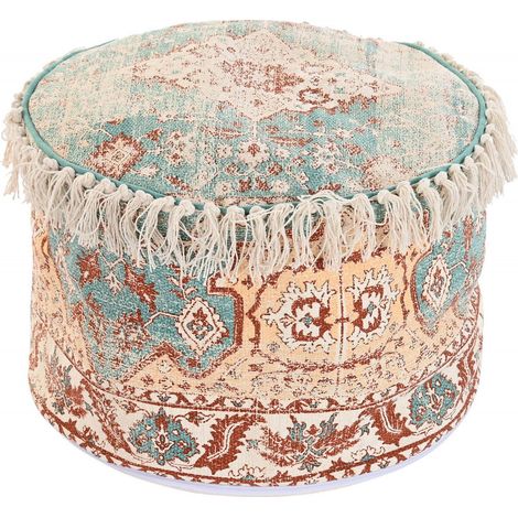 Pouf confort ethnique frangé pour salon cosy - Vert d'eau ethnique frangé (1/3)