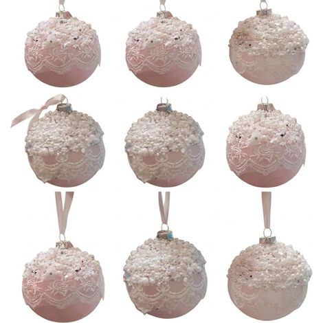 Set 9 Palline di Natale Vetro Soffiato Rosa 8 cm Pizzo e Perle Sfere Natalizie Eleganti Shabby Chic per Albero Ghirlande e Vetrine Sfere Romantiche (1/5)