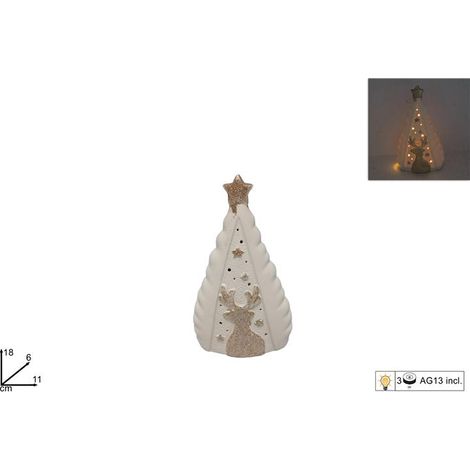 Decorazione Natalizia Albero di Natale Bianco con Renna Glitterata e Luci 18 cm