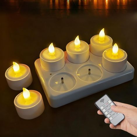 LED Teelichter Wiederaufladbar, 6 LED Kerzen Teelichter mit Fernbedienung und Ladestation, Flammenlose Flackernd Dimmbar Aufladbare Teelichter für Party Weihnachten Halloween Deko (1/5)