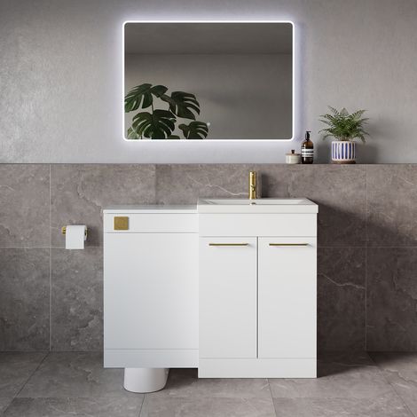Napoli 390 Gloss White 1100mm 2 Door Vanity Unit Toilet Suite with Glide Basin - 1100mm - Brushed Brass 160mm HandleWithout Kingston Toilet Pan