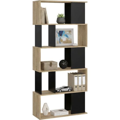 Dmora Libreria con cinque ripiani asimmetrici, colore rovere e nero, Misure 80 x 175 x 29 cm, con imballo rinforzato