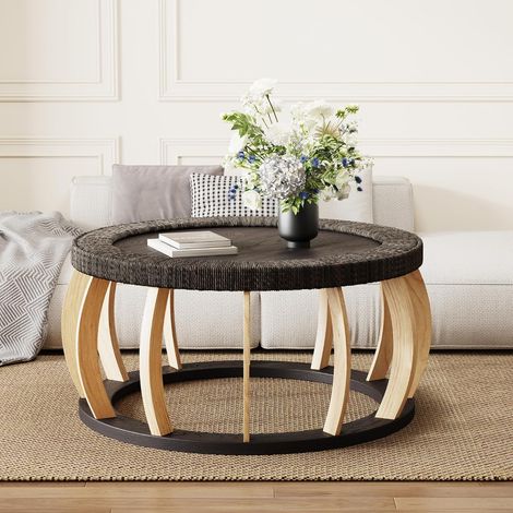 Table ronde en bois massif, en rotin. Pieds incurvés. Style boho. Parfait pour la salle à manger, la cuisine et le salon. Couleur : noir ou marron. (1/5)