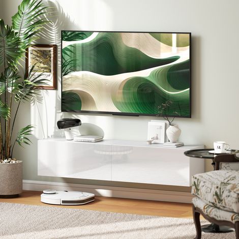 Mobile porta TV a parete per televisori fino a 45, 55 o 65 pollici con 2 ante, 140 x 33 x 29,8 cm, bianco.