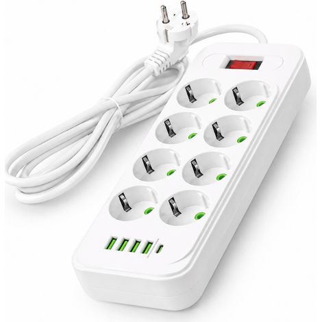 Multiprise 8 prises avec USB et USB-C, bloc multiprise 2500W avec 4 ports USB, rallonge électrique 2m pour maison, bureau et espace multimédia (1/5)