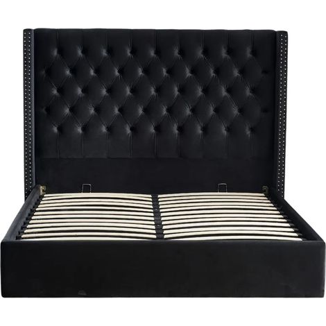Lit Coffre 2 Places 180x200 cm Chesterfield Velours Noir Clouté Sommier Inclus (1/4)