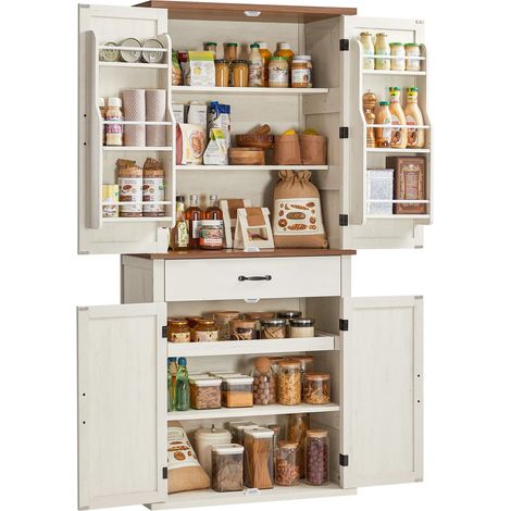 Buffet Haut Cuisine, Meuble de Rangement, Armoire, Vaisselier, Hauteur 178,6 cm, avec Tiroir, Placards, Étagères Réglables, pour Salon, Cuisine, Blanc Rustique BBK364W02 (1/5)
