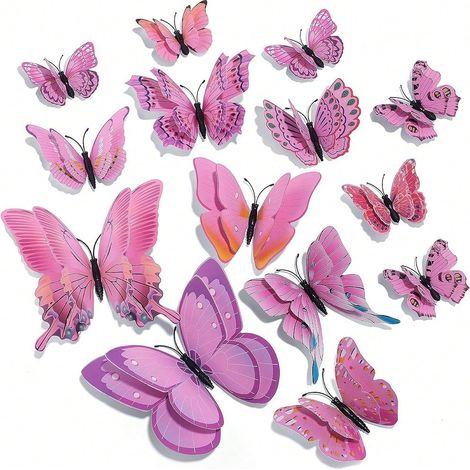 Décor mural en papillon 3D, double couche, décalcomanie réutilisable pour fête, casier ou frigo, couleur rose, lot de 72 pièces. (1/4)