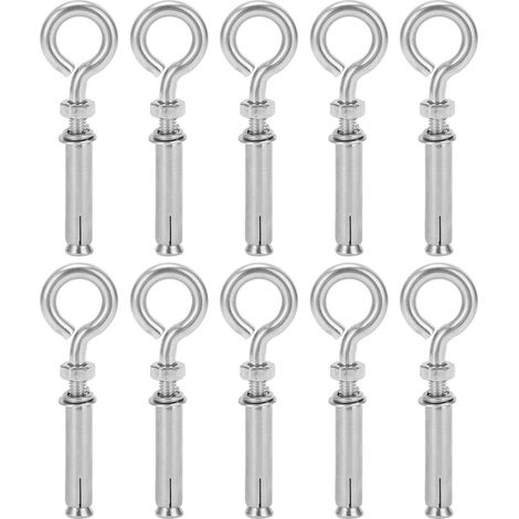 Lot de 10 vis d'expansion avec crochet fermé, en acier inoxydable 304 argenté, M8 x 60 mm, pour murs en béton.
