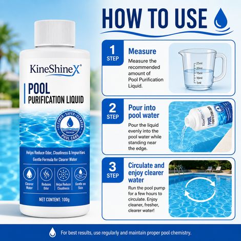 KineShineX pool purifying solution cleanses odors, removes impurities, improves water clarity, and has a gentle formula. (1/4)