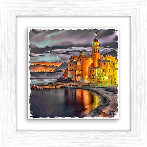 Lupia - Quadro moderno con paesaggi e localismi italiani, Ceramica e Stampa Rilievo, Cornice Legno Shabby Modern bianca, Decorazione Parete, Quadretti Soggiorno, 29x29 cm, GENOVA BASILICA NOTTE (1/4)