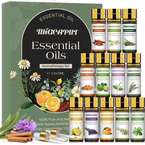 Kit Huiles Essentielles 12 X 5ML, Huiles Essentielles Aromathérapie Naturelle pour Diffuseur, pour Artisanat Maison, Bougies, Parfum - Lavande, Tea Tree, Cannelle, Bergamote, Patchouli