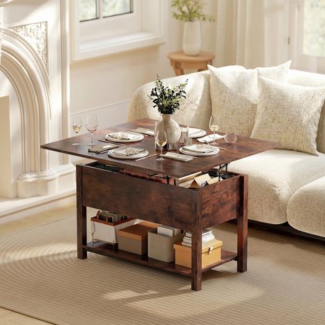 Table basse relevable et extensible table de salon avec compartiment caché étagère ouverte 100x45x50,5cm brun rustique (1/5)