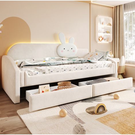 Kinderbett 212x97x106.5 cm mit LED Beleuchtung, 2 Schubladen, Hasenkissen, Samtstoff, Beige (1/5)