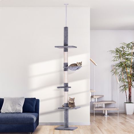 PawHut Arbre chat du sol au plafond poteau à griffer L40 x l 34 x H 230-260 cm 5 niveaux d'activités gris