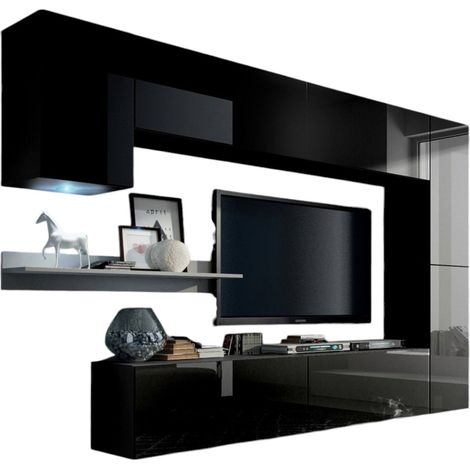 Conjunto de muebles de sala negros colgantes colección CEPTO VI 256cm, 7 puertas, estante de pared blanco, leds, modulares.