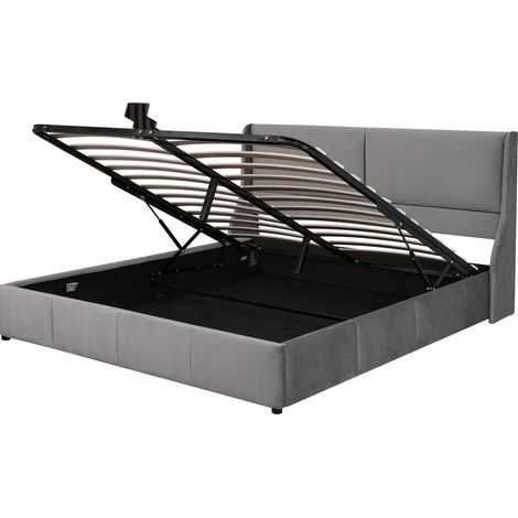 Cama canapé con arcón hidráulico 180 x 200 cm terciopelo gris con cabecero de orejas (1/5)