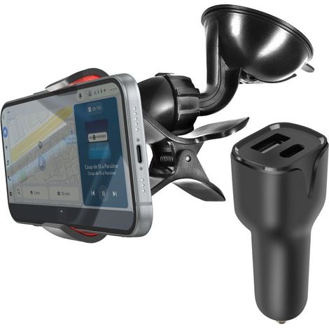 Pack Accessoires Auto avec Chargeur Voiture USB-C et Support Ventouse Noir (1/5)