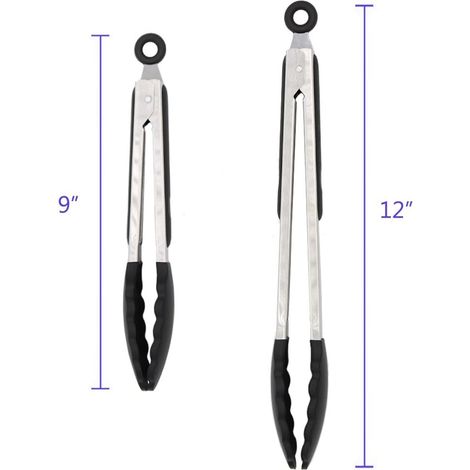Schwarze Küchenzange, 2er-Pack, hochwertiges Silikon, antihaftbeschichtete Edelstahlzange für Grills, Verriegelungsmechanismus, 23 cm und 30 cm