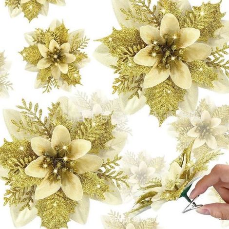 Fleurs Artificielles - 14.5 cm - Or - Décoration Arbre Noël - 10 Pièces (1/4)