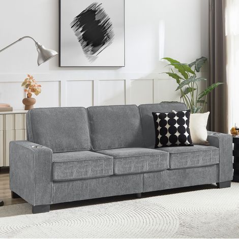 Divano a 3 posti 206x72x86 cm, portabicchieri integrati, comfort ergonomico, tessuto a coste grigio (1/5)