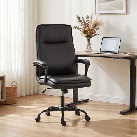 Chaise bureau ergonomique, fauteuil de bureau en PU, hauteur réglable, fonction bascule, pivotante 360°, noir (1/5)