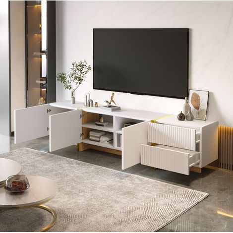 Meuble TV 190 cm, avec 3 portes, 2 tiroirs de rangement, décoration lignes , style scandinave, meuble salon en bois - Blanc (1/5)