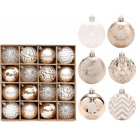 Boule De Noël - En Plastique - Or Champagne - Motif Flocon De Neige - Pour Arbre De Noël Et Décoration Festive - Lot De 16 (1/4)