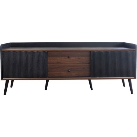 Meuble TV 160 cm ébène portes coulissantes 2 tiroirs étagères