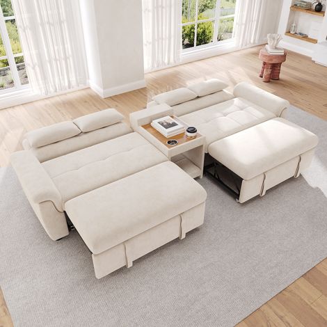 Divano letto a u - 284x138x89 cm - senza rete a doghe richiesta - estraibile matrimoniale schienale regolabile nicchia animali ciniglia beige (1/5)