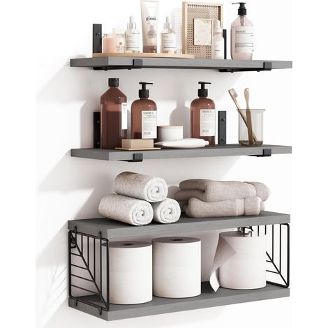 Étagères flottantes de salle de bain à 3 niveaux et 1 niveaux, étagères rustiques en bois de 40 cm, décoration murale pour salle de bain, salon, chambre et cuisine (gris) (1/5)