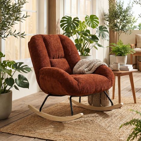 Fauteuil à bascule scandinave en tissu chenille terracotta - LYTOP (1/5)