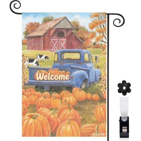 Drapeau de jardin bienvenue 30 x 45 cm motif citrouilles et paysage rural toile double face durable (1/5)