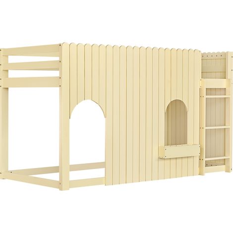 Cama alta infantil 90 x 200 cm en pino y MDF con escalera, barandillas, LED, natural (1/5)