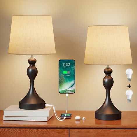 HOMCOM Table Lamps Set of 2, Modern Bedside Lamps with USB Ports, Black
