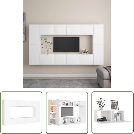The Living Store 8-tlg. TV-Schrank-Set Weiß Holzwerkstoff - TV Schrank Set - Wandmontage - Wohnzimmerschrank - Regal - Weißes Möbelstück (1/5)