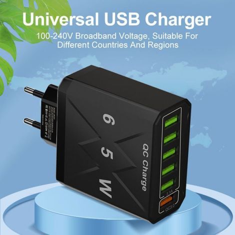 Chargeur Portable - 65 W - 6 Ports USB - Pour Téléphones Et Appareils Électroniques - UE Norme Européenne - Noir ×1 (1/5)