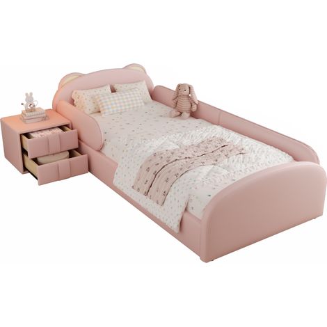Lit rembourré, lit simple pour enfant, adorable tête de lit en forme d'ours, avec table de chevet assortie, bord et tête de lit en mousse anti-collision douce, velours + contreplaqué, rose, 90x200cm (1/5)