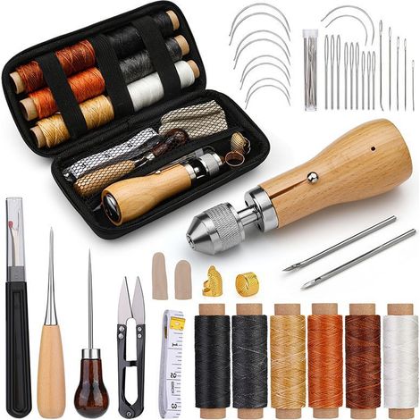 Juego de 30 piezas de prensa de costura portátil – Con bolsa – Hilo lavado – Para reparación de cuero, bricolaje y trabajos manuales. (1/5)