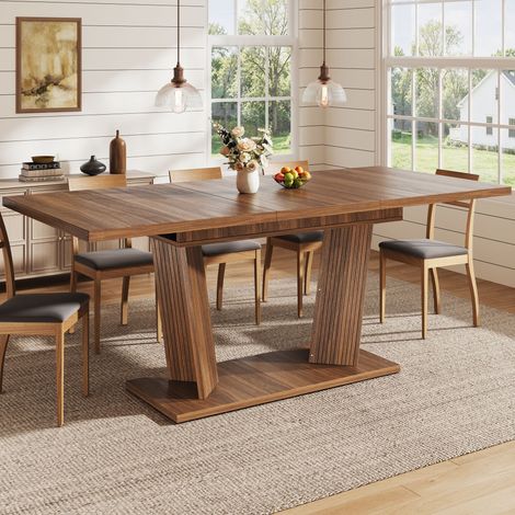 Table à manger extensible, effet bois massif, piètement stable avec pieds antidérapants réglables, gain de place pour cuisine, noyer (1/5)