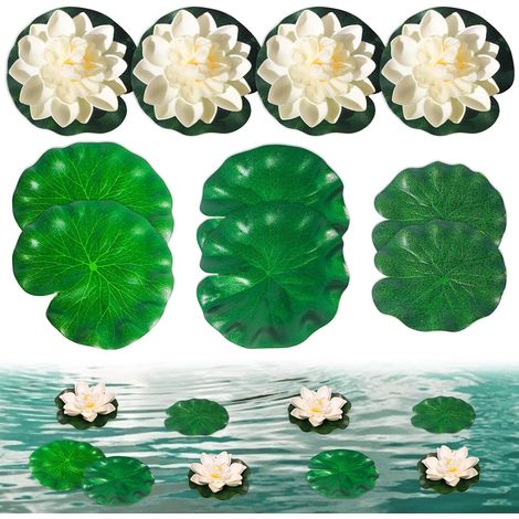 10 Pièces Nénuphars Artificiels, Fleurs de Lotus Artificielles Blanches 10 cm, Feuilles de Lotus Artificielles Vertes Flottantes pour Bassin Mini-Bassin Aquarium Jardin Piscine (1/5)