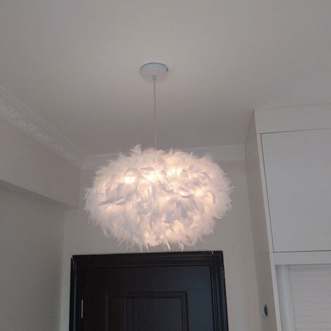 – Lustre en plume E27 45cm blanc – Support ignifuge – Installation rapide – Pour chambre, salon, cuisine, salle à manger (1/5)