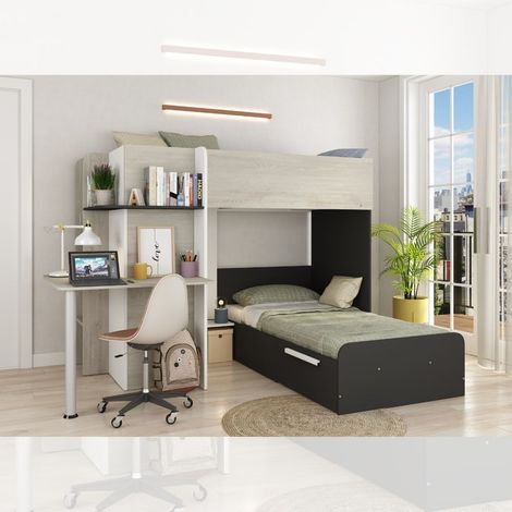 Letto a castello ad angolo con scrivania 2 x 90 x 190 cm Grigio, Bianco e Nero - SAMUEL (1/5)