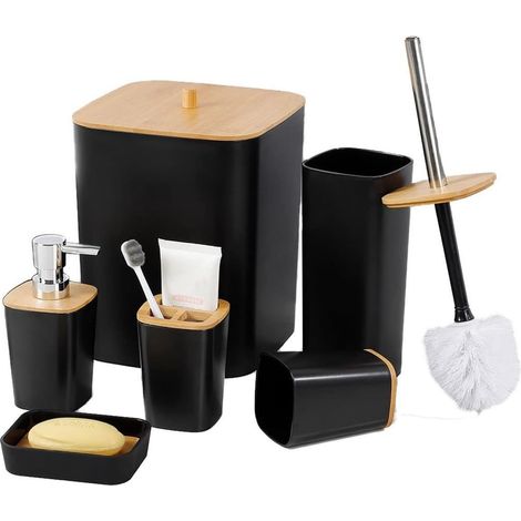 TRADE SHOP - Set Accessori Bagno In Bambù 6 Pz Moderno Bidone Spazzatura Portasapone Dispenser - Nero (1/5)