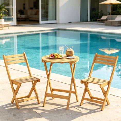 Ensemble table chaises de jardin pliantes en bois d’acacia, table ronde Ø 60 x 75 cm, naturel HAVRYA (1/5)